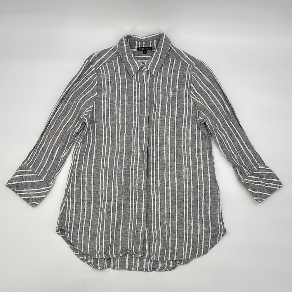 Boho Chic Linen Gray Striped Button-down 3/4 sleeve Shirt size Small